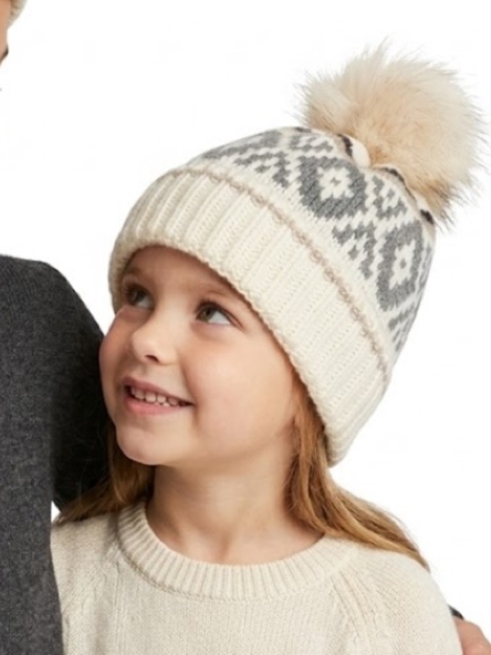 Lucky Brand Cream and Gray Fair Isle Knit Pom Beanie